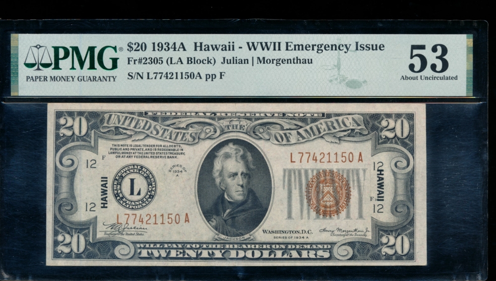 Fr. 2305 1934A $20  Hawaii non-mule PMG 53 L77421150A