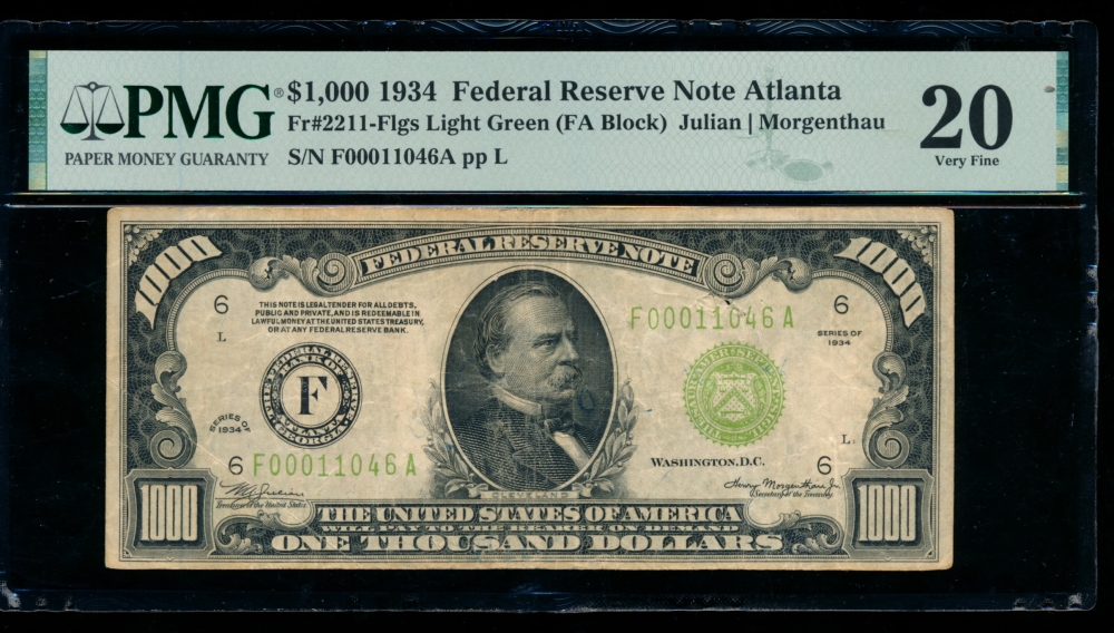 Fr. 2211-F 1934 $1,000  Federal Reserve Note Atlanta LGS PMG 20 comment F00011046A