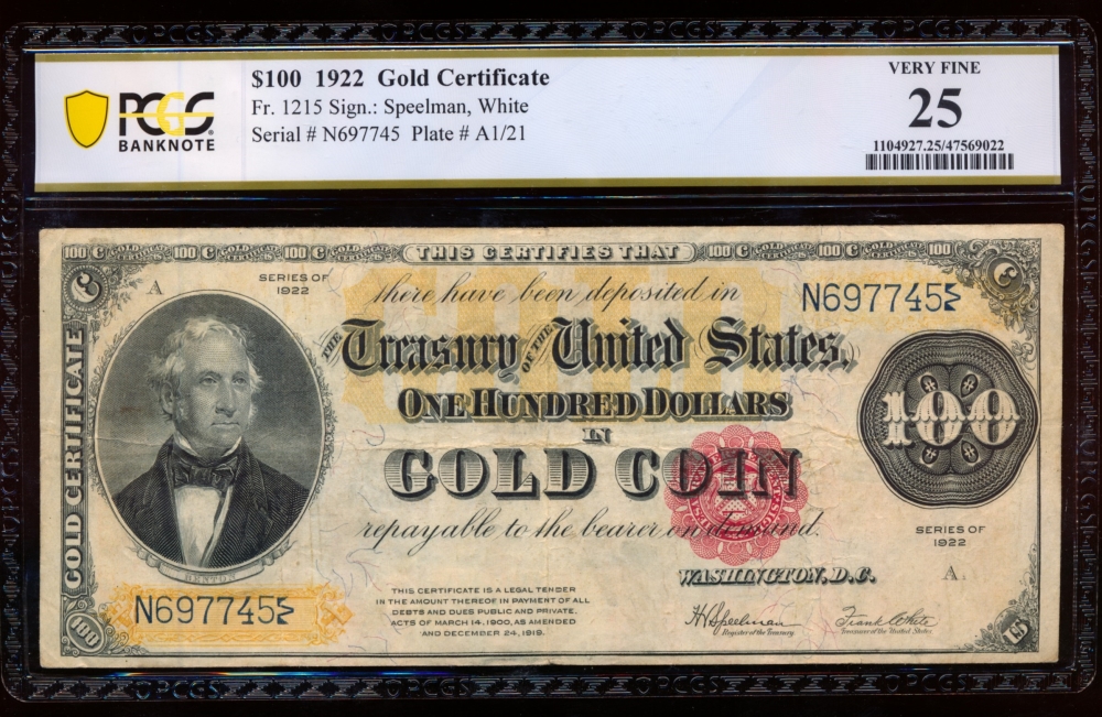 Fr. 1215 1922 $100  Gold Certificate  PCGS 25 N697745
