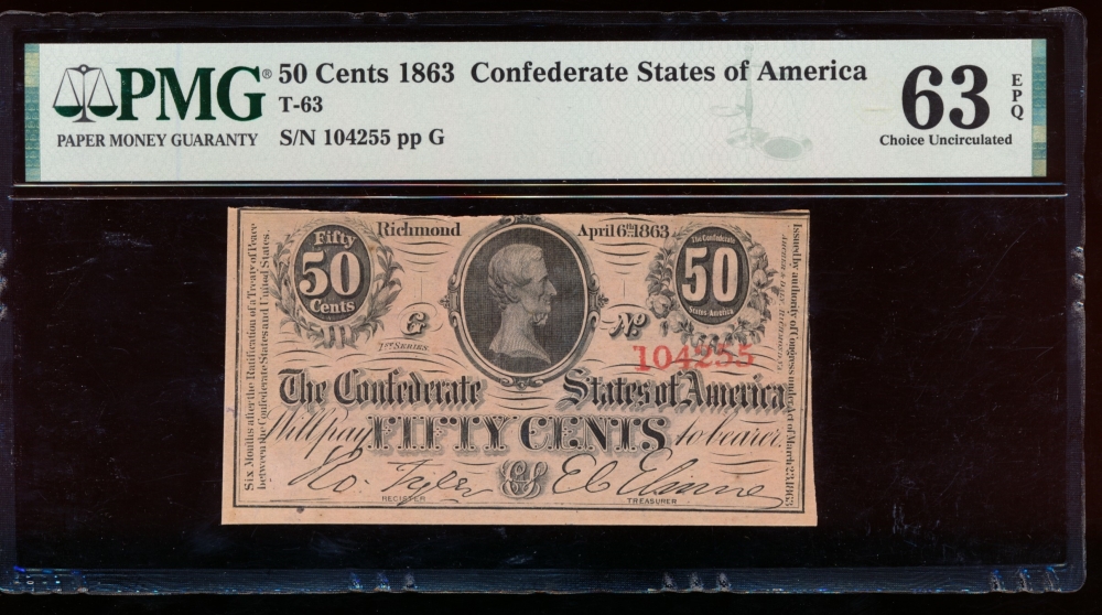 Fr. T-63 1863 $0.50  Confederate  PMG 63EPQ 104255
