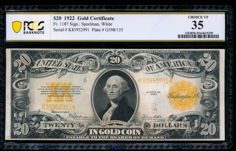 Fr. 1187 1922 $20  Gold Certificate  PCGS 35 K83952991