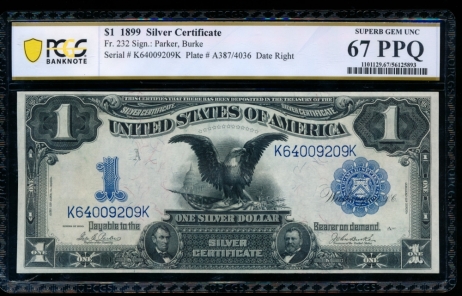 Fr. 232 1899 $1  Silver Certificate  PCGS 67PPQ K64009209K