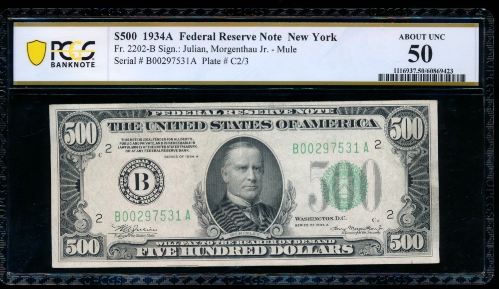 Fr. 2202-B 1934A $500  Federal Reserve Note New York PCGS 50 B00297531A