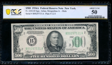 Fr. 2202-B 1934A $500  Federal Reserve Note New York PCGS 50 B00297531A