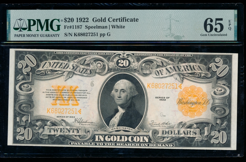 Fr. 1187 1922 $20  Gold Certificate  PMG 65EPQ K58027251