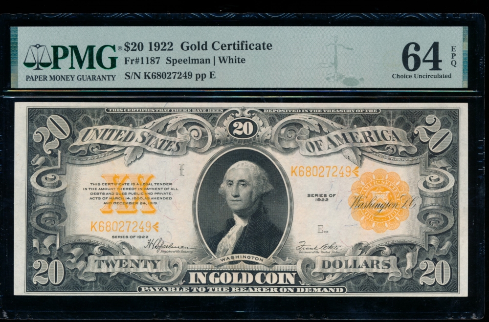 Fr. 1187 1922 $20  Gold Certificate  PMG 64EPQ K68027249