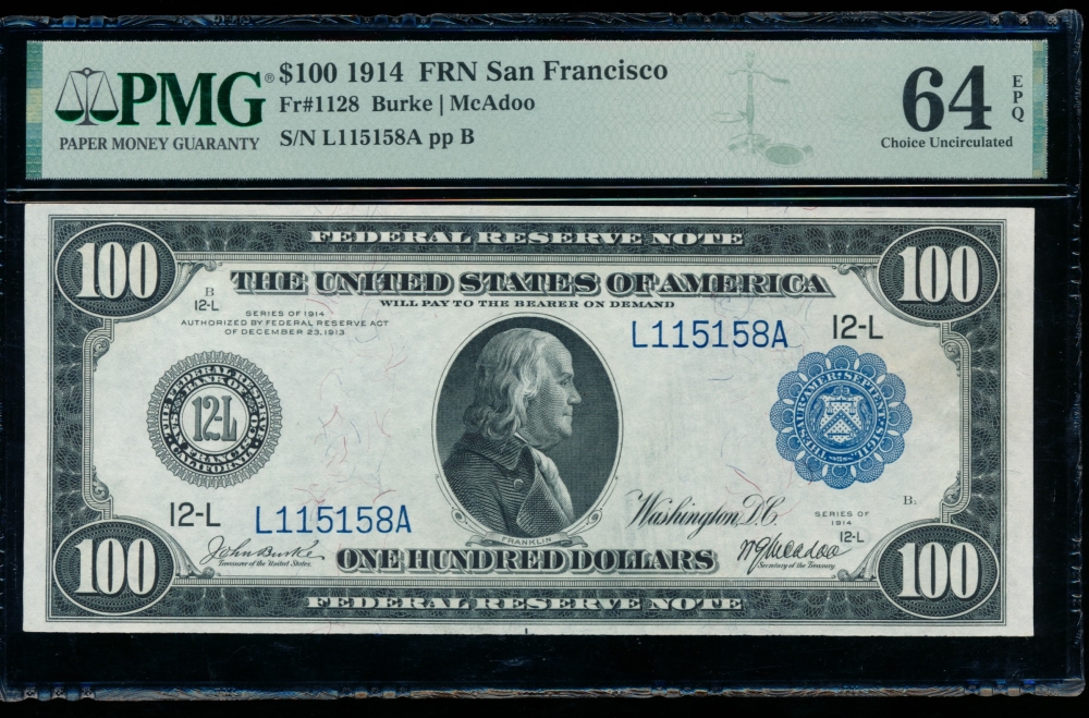 Fr. 1128 1914 $100  Federal Reserve Note San Francisco PMG 64EPQ L115158A