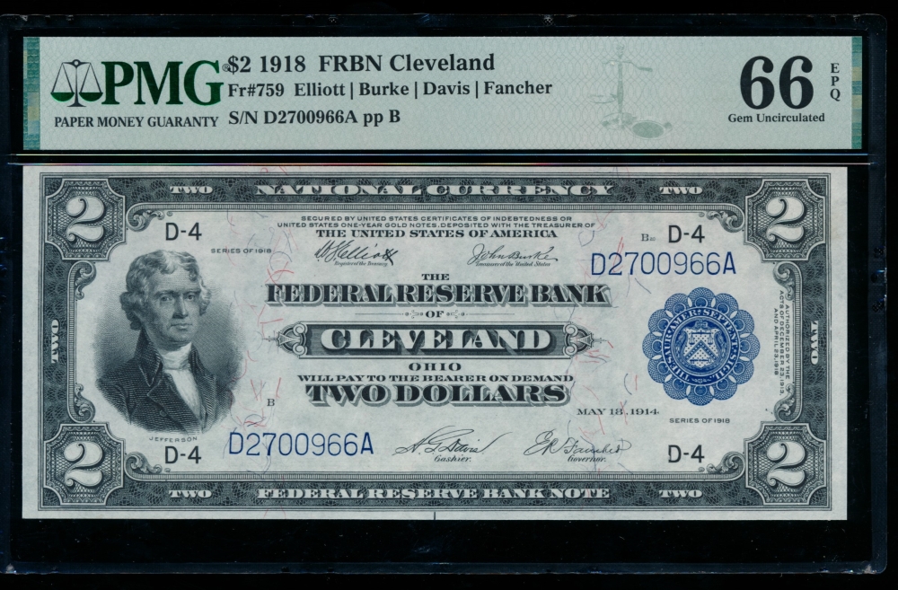 Fr. 759 1918 $2  FRBN Cleveland PMG 66EPQ D2700966A