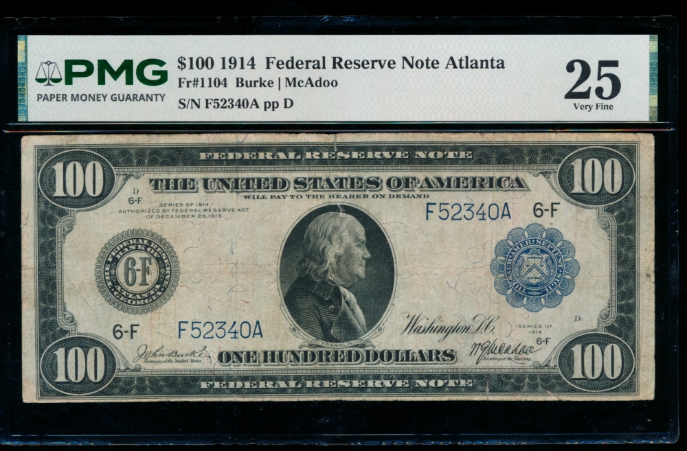 Fr. 1104 1914 $100  Federal Reserve Note Atlanta PMG 25 comment F52340A