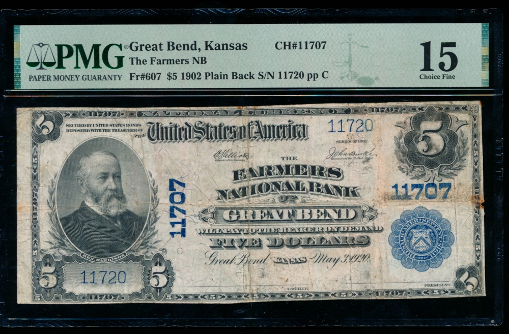 Fr. 607 1902 $5  National: Plain Back Ch #11707 The Farmers National Bank of Great Bend, Kansas PMG 15 comment 11720