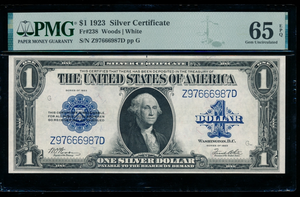 Fr. 238 1923 $1  Silver Certificate  PMG 65EPQ Z97666987D