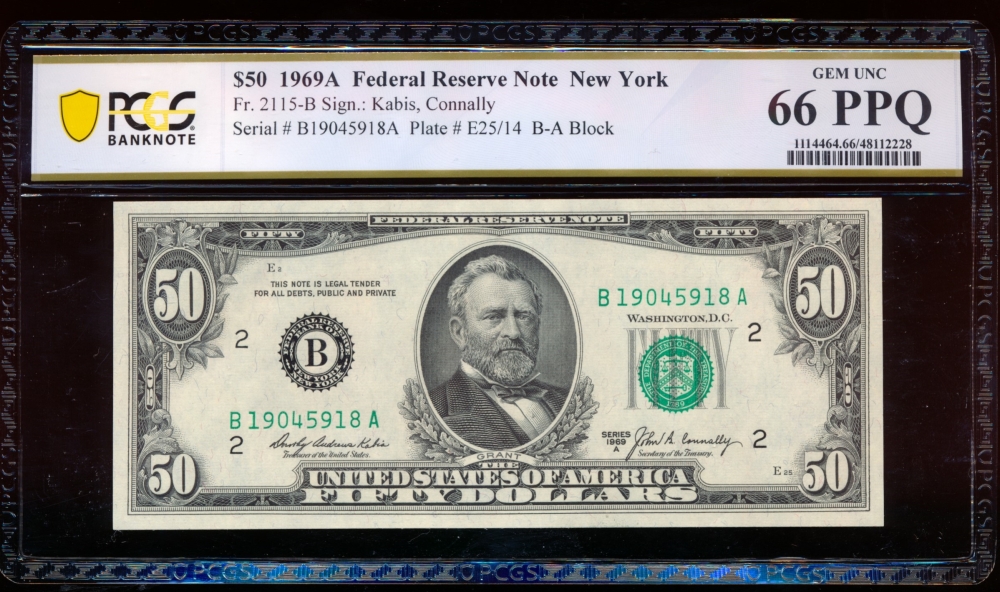 Fr. 2115-B 1969A $50  Federal Reserve Note New York PCGS 66PPQ B19045918A