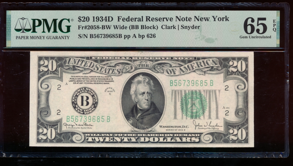Fr. 2058-B 1934D $20  Federal Reserve Note Wide, BB block PMG 65EPQ B56739685B