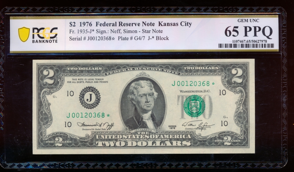 Fr. 1935-J 1976 $2  Federal Reserve Note Kansas City star PCGS 65PPQ J000120368*