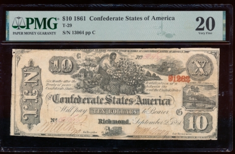Fr. T-29 1861 $10  Confederate  PMG 20 comment 13064
