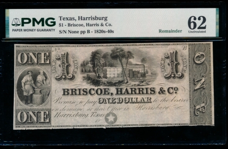 Fr. Medlar 1 1820s $1  Obsolete Brisco, Harris & Co. Harrisburg, Texas PMG 62 comment no serial number