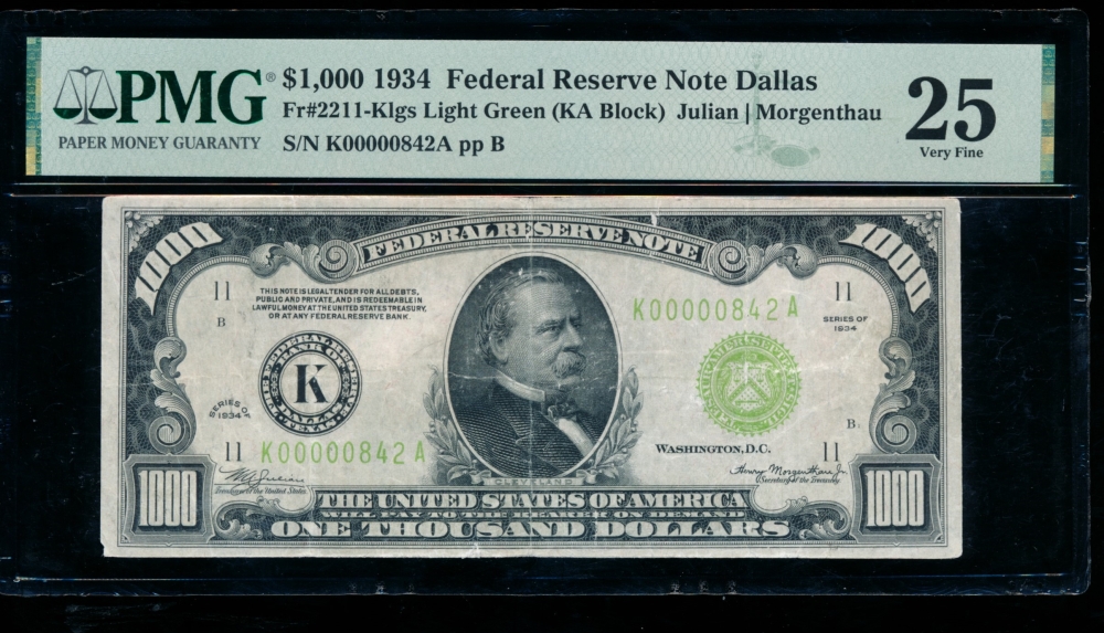 Fr. 2211-K 1934 $1,000  Federal Reserve Note Dallas LGS PMG 25 comment K00000842A