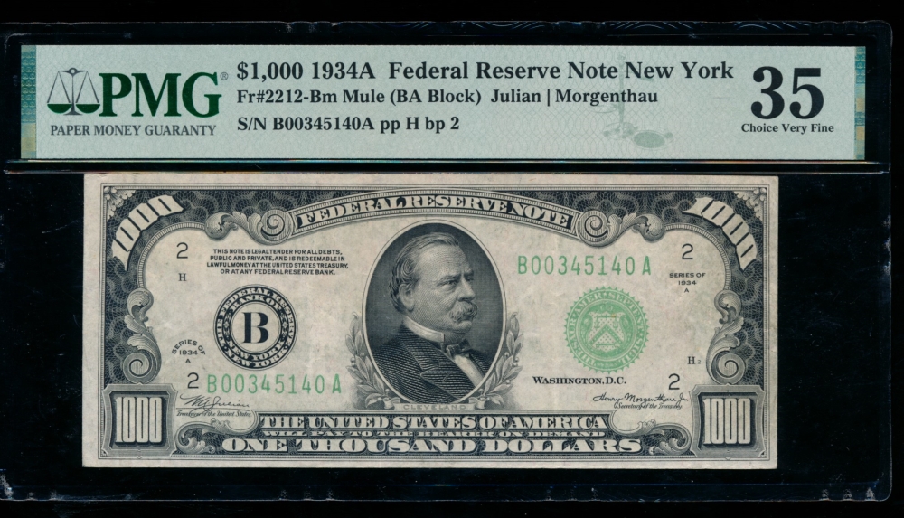 Fr. 2212-B 1934A $1,000  Federal Reserve Note New York PMG 35 B00345140A