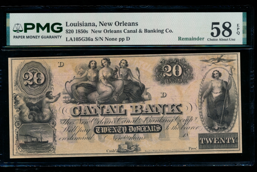 Fr. LA 105 G36 1850s $20  Obsolete New Orleans Canal & Banking Co. PMG 58EPQ no serial number