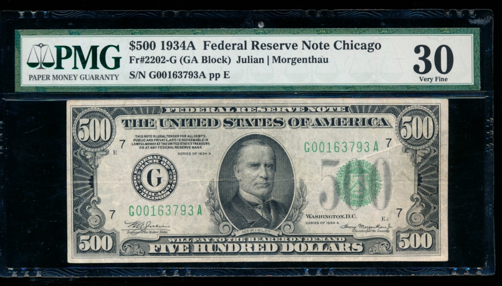 Fr. 2202-G 1934A $500  Federal Reserve Note Chicago PMG 30 G00163793A