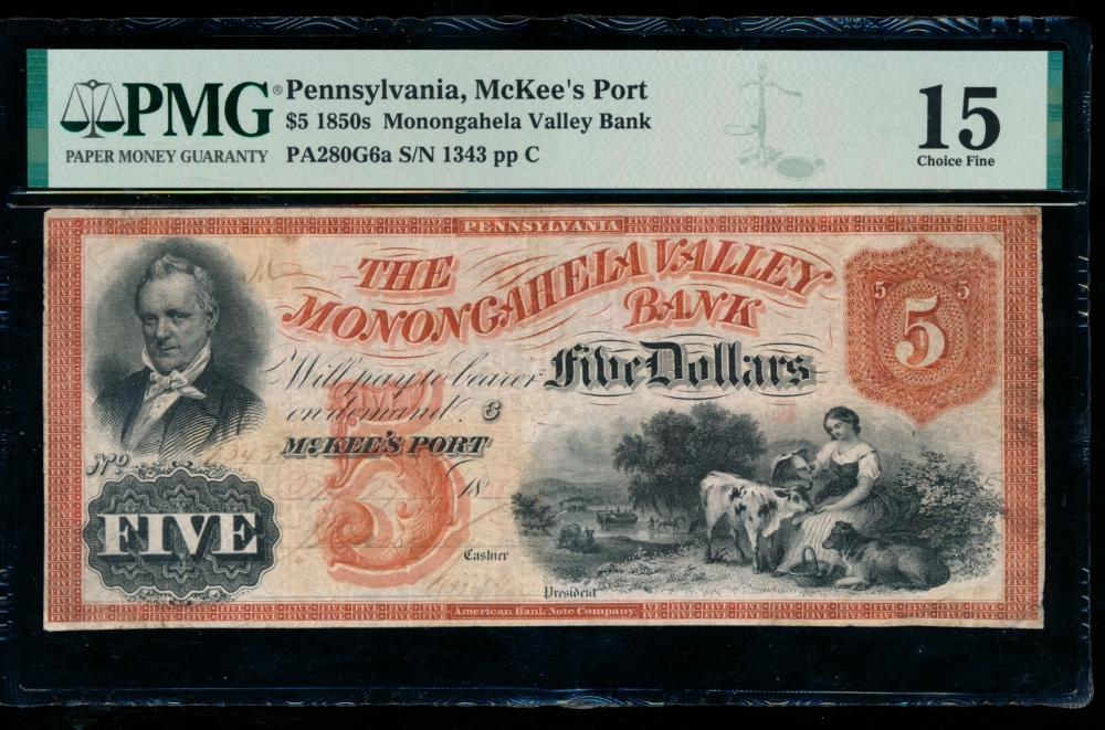Fr. PA-280 G6a 1850s $5  Obsolete Monongahela Valley Bank, McKees Port, Pennsylvania PMG 15 1343