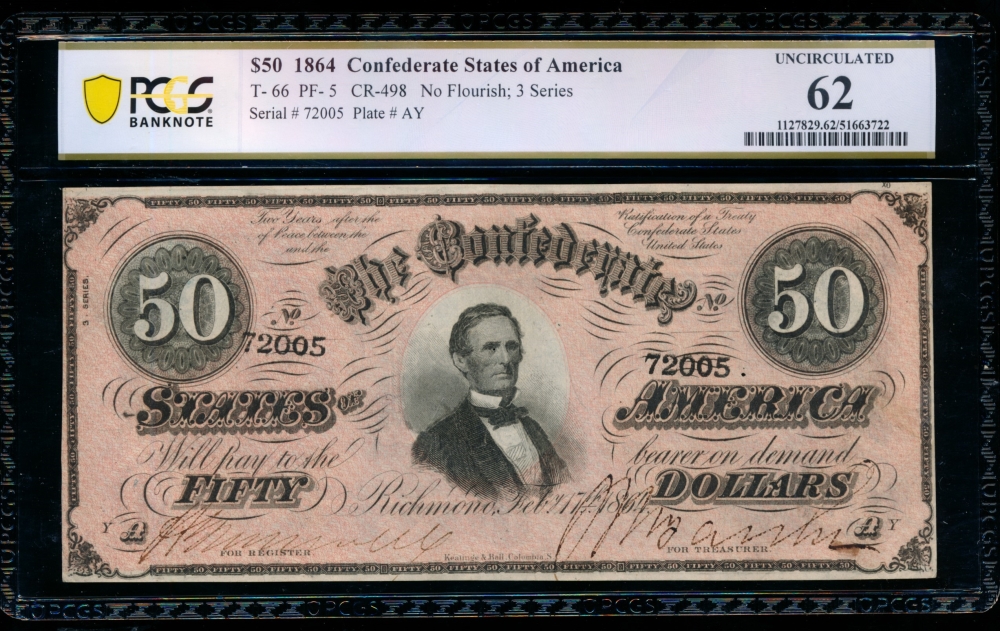 Fr. T-66 1864 $50  Confederate  PCGS 62 72005