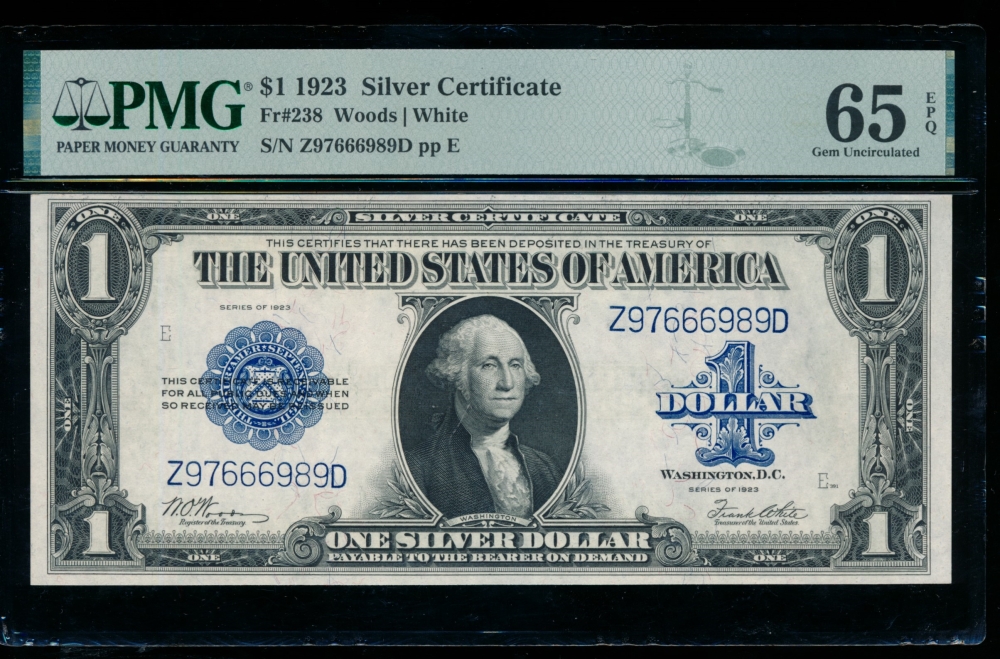 Fr. 238 1923 $1  Silver Certificate  PMG 65EPQ Z97666989D