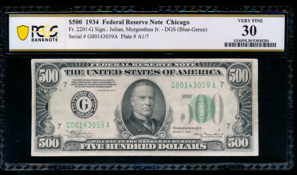 Fr. 2201-G 1934 $500  Federal Reserve Note Chicago PCGS 30 G00143059A