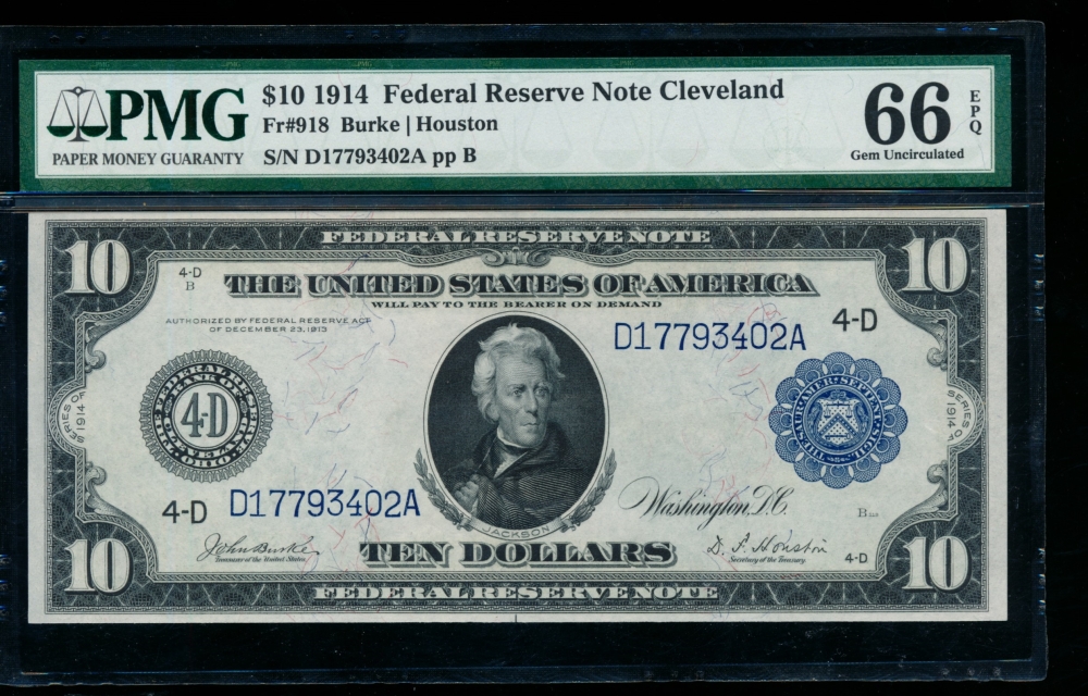 Fr. 918 1914 $10  Federal Reserve Note Cleveland PMG 66EPQ D17793402A