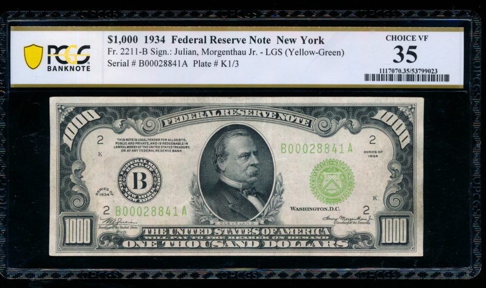 Fr. 2211-B 1934 $1,000  Federal Reserve Note New York LGS PCGS 35 B00028841A