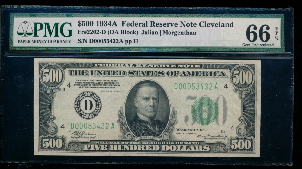 Fr. 2202-D 1934A $500  Federal Reserve Note Cleveland PMG 66EPQ D00053432A