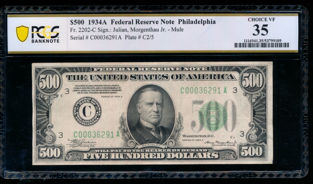Fr. 2202-C 1934A $500  Federal Reserve Note Philadelphia PCGS 35 C00036291A