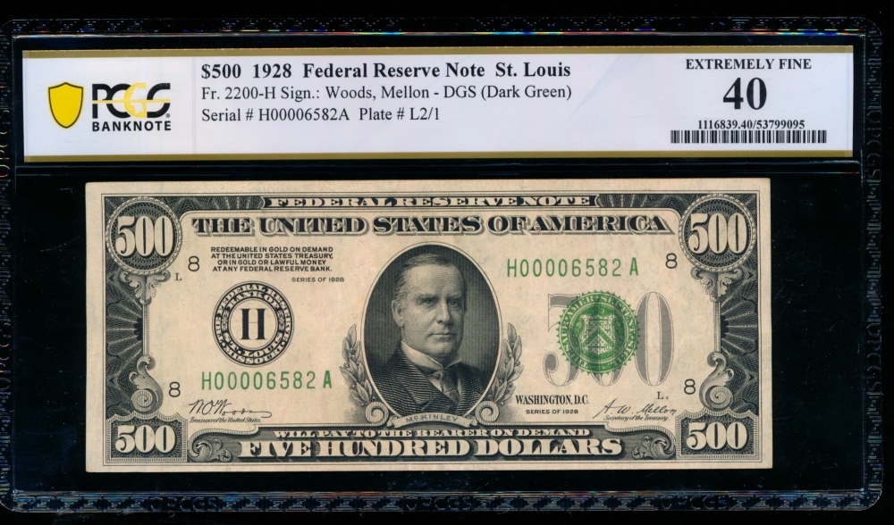 Fr. 2200-H 1928 $500  Federal Reserve Note Saint Louis PCGS 40 H00006582A