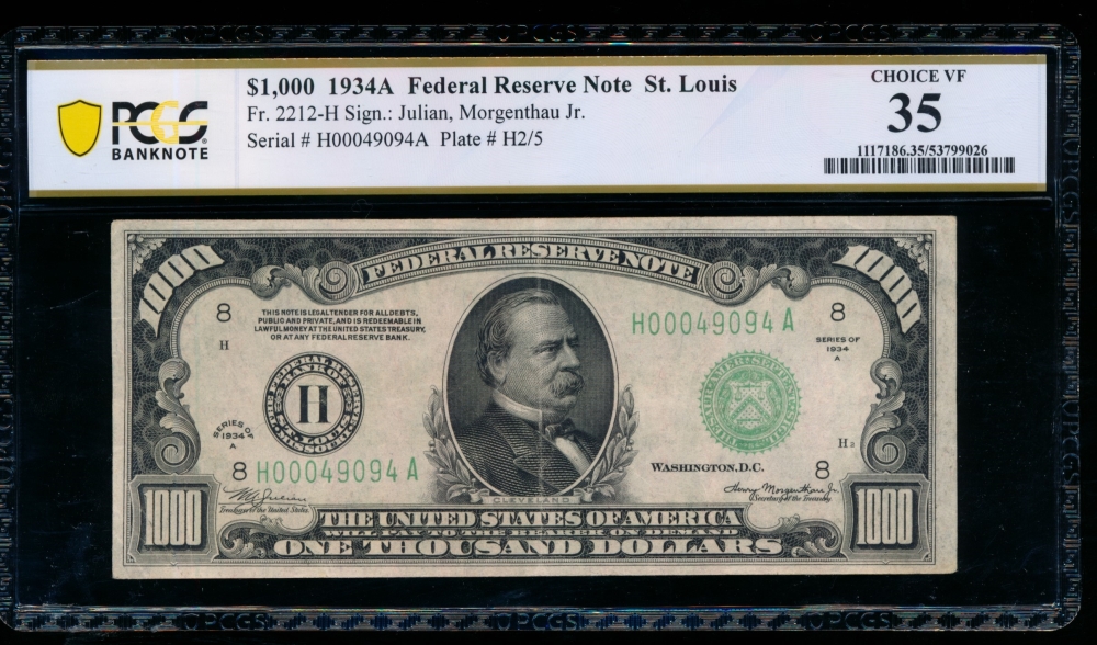 Fr. 2212-H 1934A $1,000  Federal Reserve Note Saint Louis PCGS 35 H00049094A