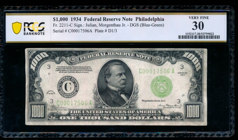 Fr. 2211-C 1934 $1,000  Federal Reserve Note Philadelphia PCGS 30 C00017506A