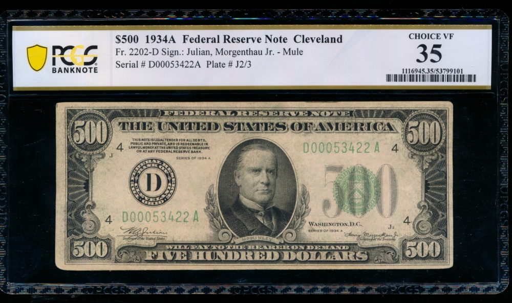 Fr. 2202-D 1934A $500  Federal Reserve Note Cleveland PCGS 35 comment D00053422A