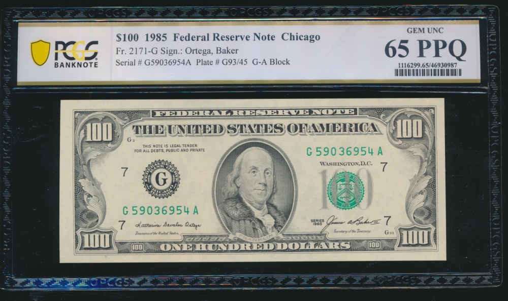 Fr. 2171-G 1985 $100  Federal Reserve Note Chicago PCGS 65PPQ G59036954A