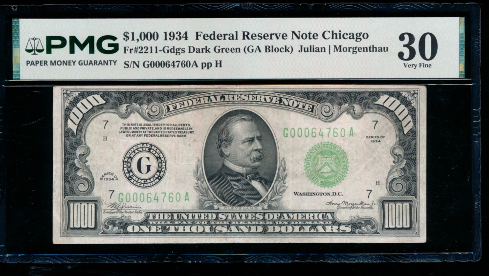 Fr. 2211-G 1934 $1,000  Federal Reserve Note Chicago PMG 30 G00064760A