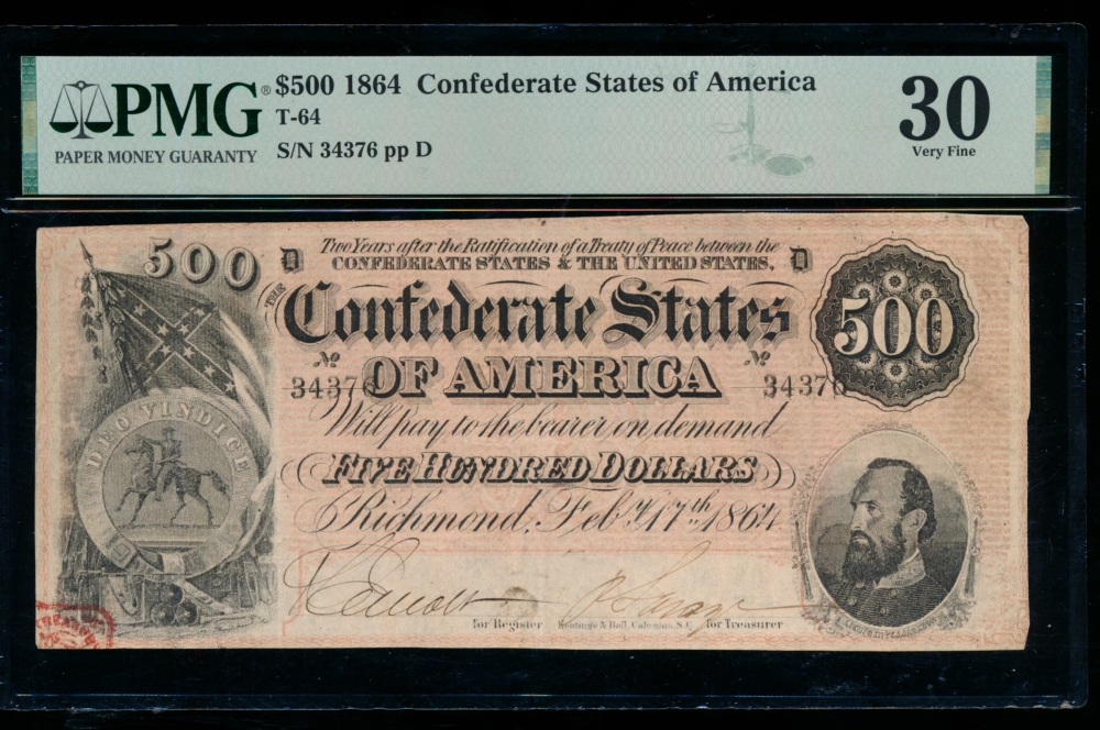 Fr. T-64 1864 $500  Confederate  PMG 30 34376