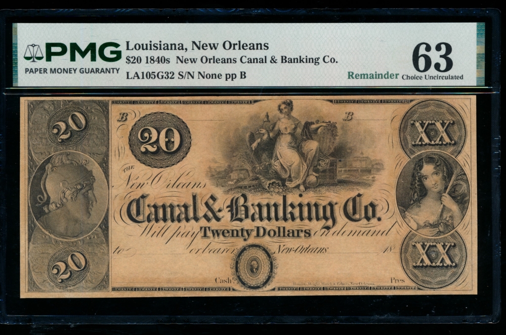 Fr. LA 105 G32 1840s $20  Obsolete New Orleans Canal & Banking Co. PMG 63 comment no serial number