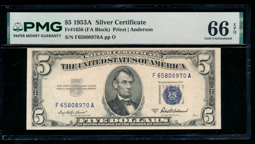 Fr. 1656 1953A $5  Silver Certificate FA block PMG 66EPQ F65808970A