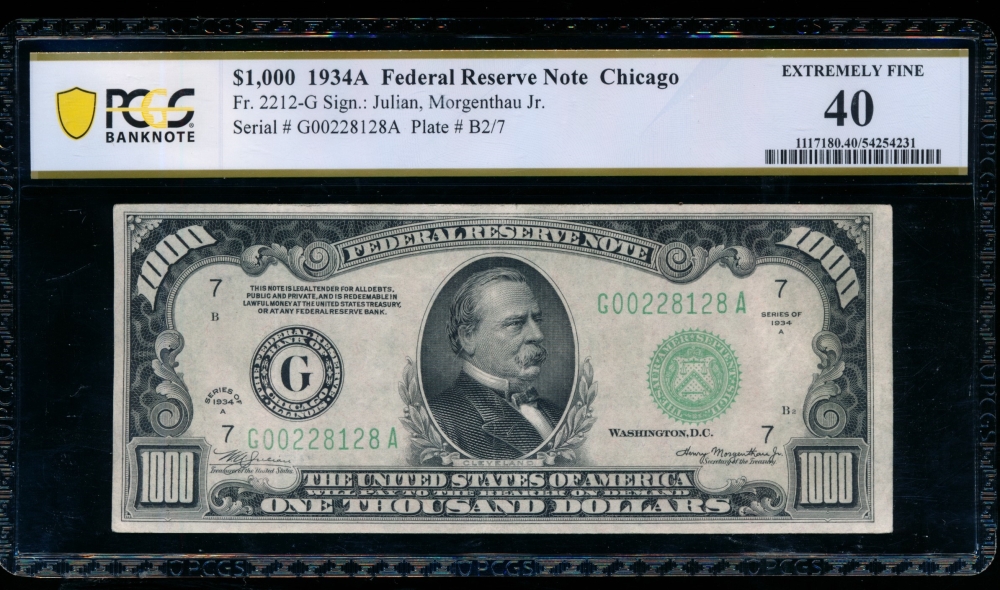 Fr. 2212-G 1934A $1,000  Federal Reserve Note Chicago PCGS 40 G00228128A