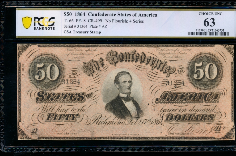 Fr. T-66 1864 $50  Confederate  PCGS 63 31364