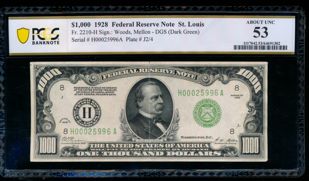 Fr. 2210-H 1928 $1,000  Federal Reserve Note Saint Louis PCGS 53 comment H00025996A