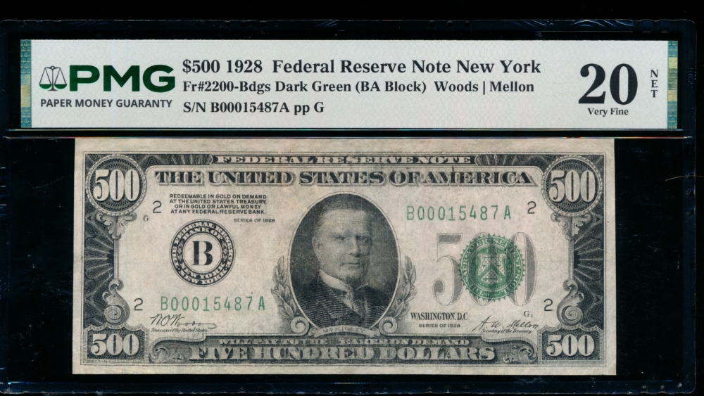 Fr. 2200-B 1928 $500  Federal Reserve Note New York PMG 20NET B00015487A