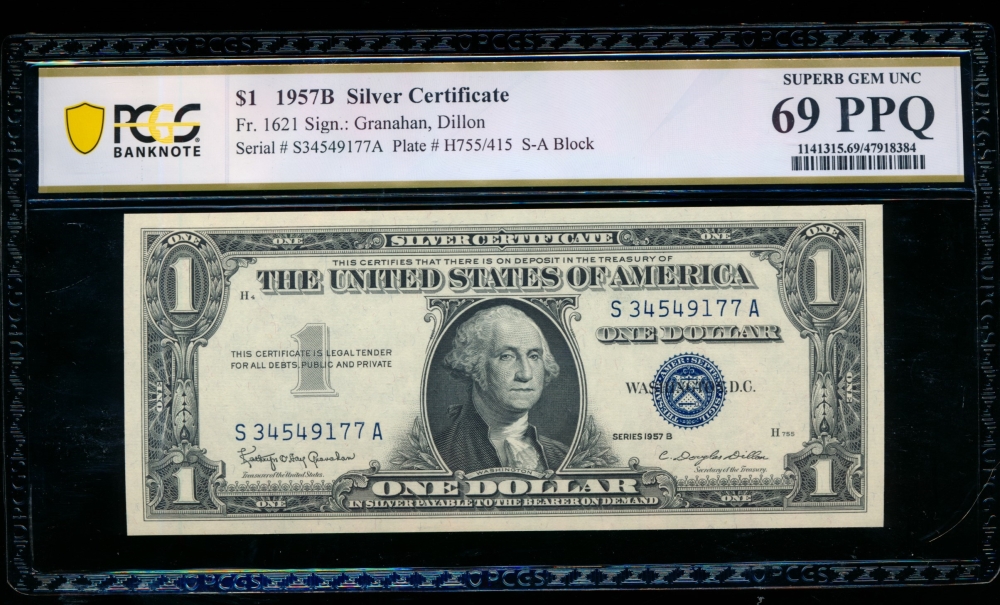 Fr. 1621 1957B $1  Silver Certificate SA block PCGS 69PPQ S34549177A