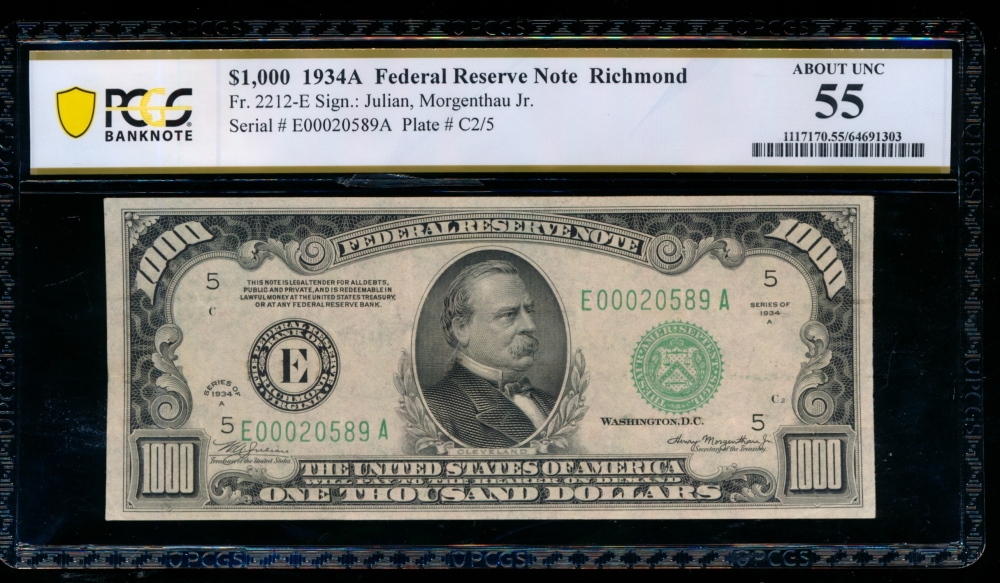 Fr. 2212-E 1934A $1,000  Federal Reserve Note Richmond PCGS 55 E00020589A