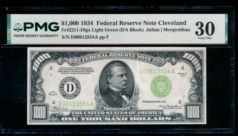 Fr. 2211-D 1934 $1,000  Federal Reserve Note Cleveland LGS PMG 30 D00013554A