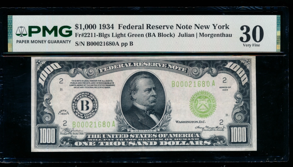 Fr. 2211-B 1934 $1,000  Federal Reserve Note New York LGS PMG 30 comment B00021680A