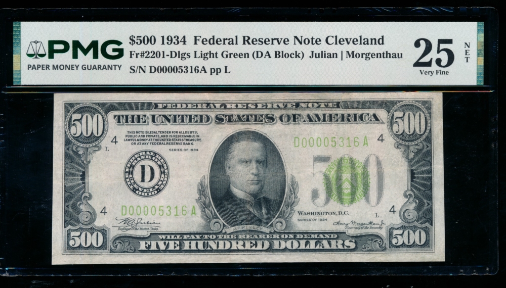 Fr. 2201-D 1934 $500  Federal Reserve Note Cleveland LGS PMG 25NET D00005316A